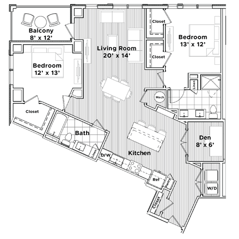 Floor plan for 2 beds, 2 baths, 1452 sqft